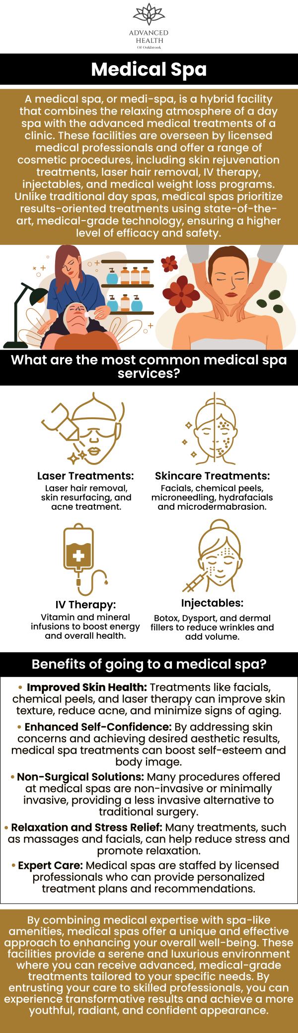 Medical spas offer the benefit of professional-grade treatments in a relaxing setting, ensuring both safety and effectiveness under the supervision of licensed medical practitioners. They provide a wide range of advanced therapies, from skin rejuvenation to anti-aging solutions, promoting overall wellness and aesthetic enhancement. For more information, contact us today or book an appointment online! We are conveniently located at 17W705 Butterfield Road Suite E, Oakbrook Terrace, IL 60181.