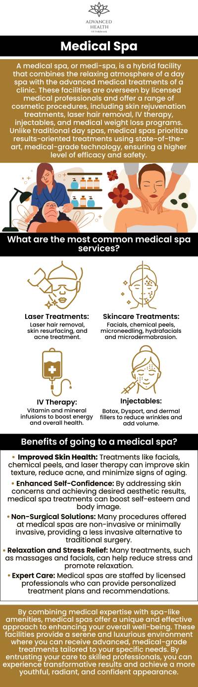 Medical spas offer the benefit of professional-grade treatments in a relaxing setting, ensuring both safety and effectiveness under the supervision of licensed medical practitioners. They provide a wide range of advanced therapies, from skin rejuvenation to anti-aging solutions, promoting overall wellness and aesthetic enhancement. For more information, contact us today or book an appointment online! We are conveniently located at 17W705 Butterfield Road Suite E, Oakbrook Terrace, IL 60181.