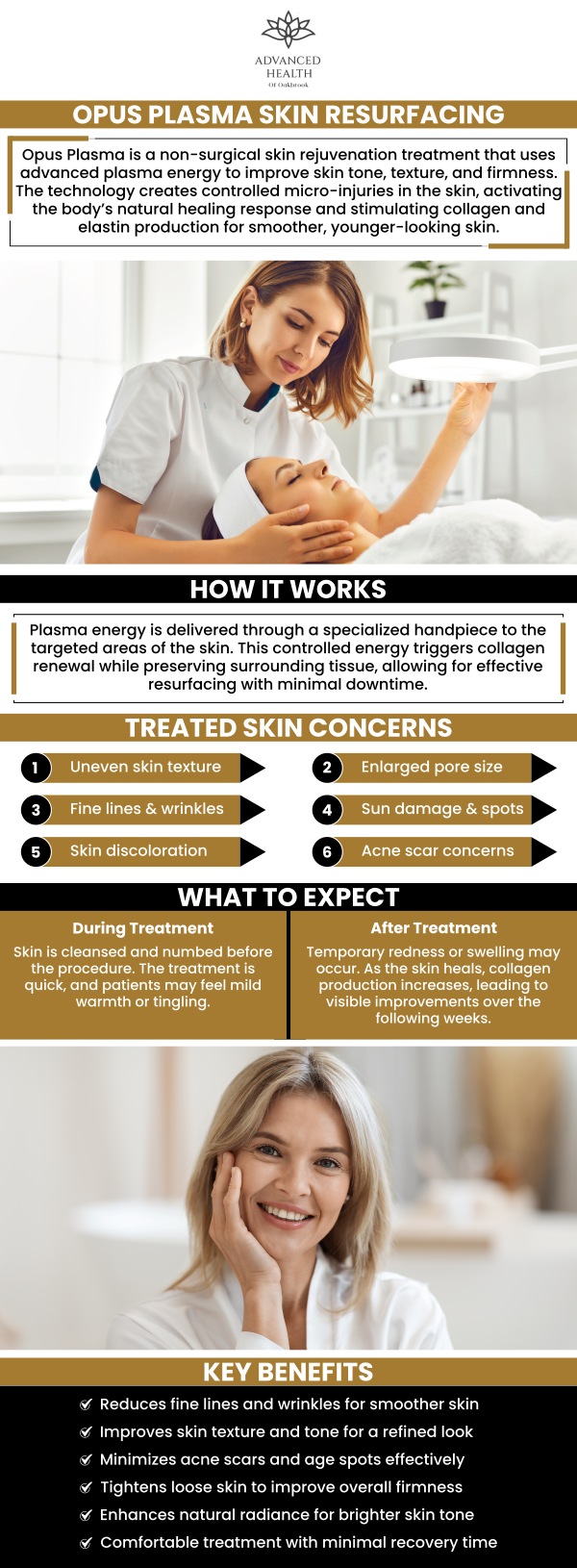 Are you looking for skin resurfacing treatment in Oakbrook Terrace, IL? We are offering Opus Plasma Skin Resurfacing Treatment at Advanced Health of Oakbrook. It smooths away imperfections, tightens, and rejuvenates your skin. At our Med spa, Dr. Christopher Orenczak offers a wide range of aesthetic treatments. For more information, contact us today or schedule an appointment online. Visit our clinic conveniently located at 17W705 Butterfield Rd Suite E, Oakbrook Terrace, IL 60181.