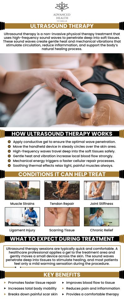 Ultrasound therapy is a minimally invasive medical treatment that uses high-frequency sound waves to promote internal healing. It is used for soft tissue injuries, including muscle strains and joint inflammation. This is an ideal therapy choice if you have musculoskeletal concerns or are recovering from an injury. At Advanced Health of Oakbrook Dr. Christopher Orenczak provides ultrasound therapy, so come to us for helpful pain relief and recovery. For more information, contact us today or schedule an appointment online. Visit our clinic conveniently located at 17W705 Butterfield Rd Suite E, Oakbrook Terrace, IL 60181. Ultrasound therapy is a minimally invasive medical treatment that uses high-frequency sound waves to promote internal healing. It is used for soft tissue injuries, including muscle strains and joint inflammation. This is an ideal therapy choice if you have musculoskeletal concerns or are recovering from an injury. At Advanced Health of Oakbrook Dr. Christopher Orenczak provides ultrasound therapy, so come to us for helpful pain relief and recovery. For more information, contact us today or schedule an appointment online. Visit our clinic conveniently located at 17W705 Butterfield Rd Suite E, Oakbrook Terrace, IL 60181.